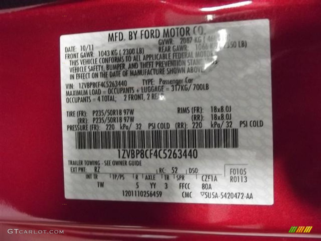 2012 Mustang Color Code RZ for Red Candy Metallic Photo #58266538