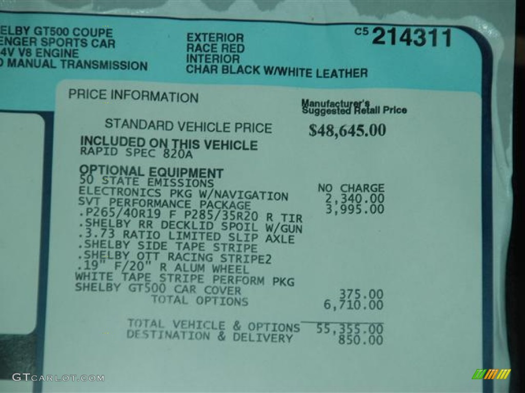 2012 Ford Mustang Shelby GT500 SVT Performance Package Coupe Window Sticker Photo #58267225