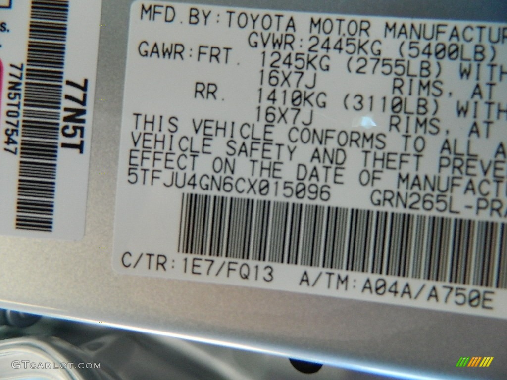 2012 Tacoma Color Code 1E7 for Silver Streak Mica Photo #58330771