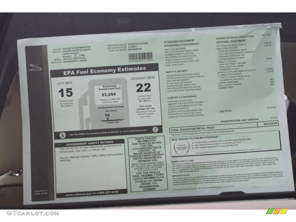 2012 Jaguar XJ XJL Portfolio Window Sticker Photo #58330779