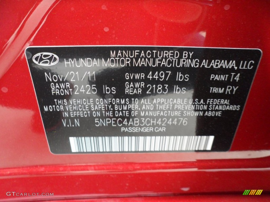 2012 Sonata Color Code T4 for Sparkling Ruby Red Photo #58335149