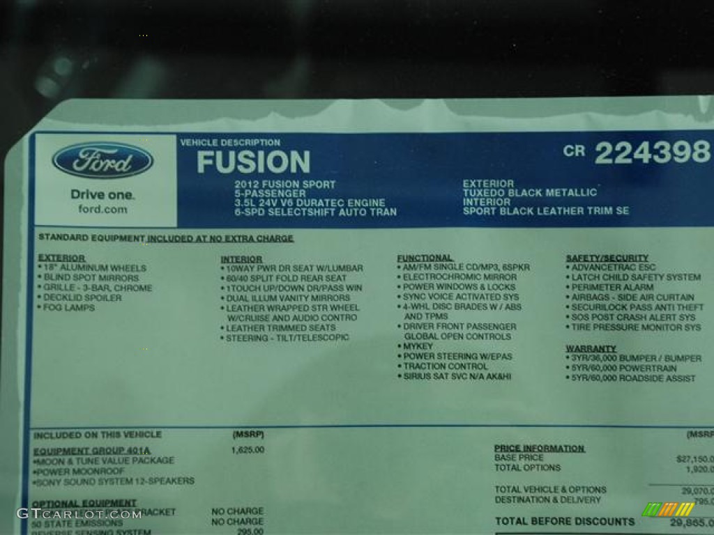 2012 Ford Fusion Sport Window Sticker Photo #58336575