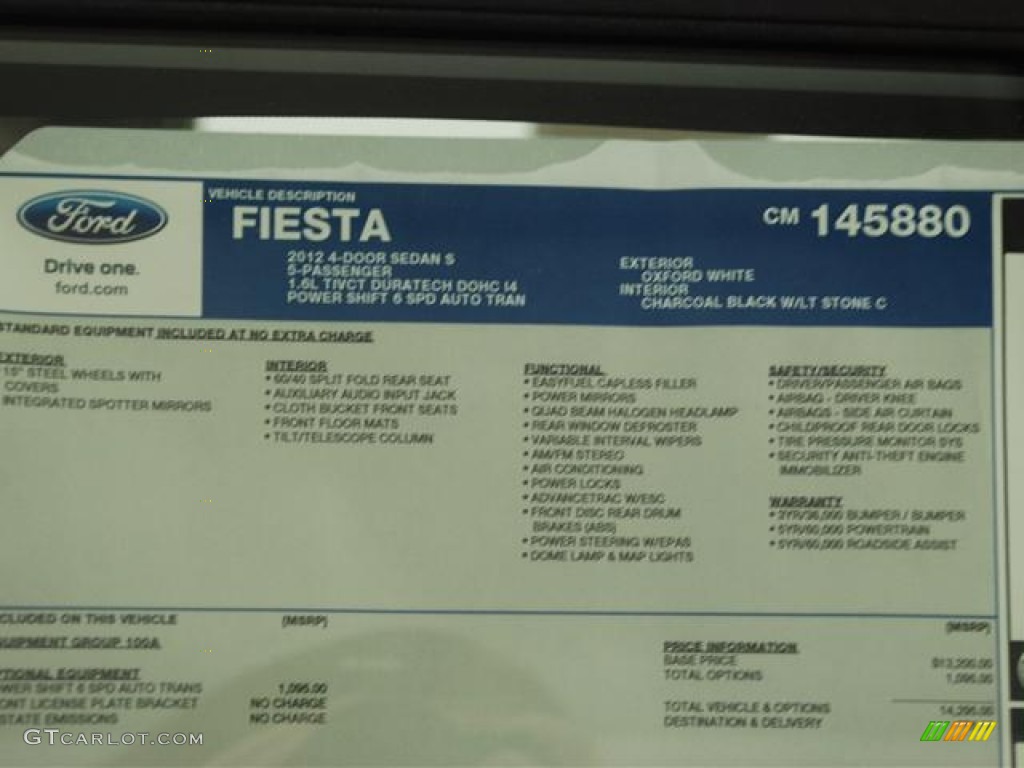 2012 Ford Fiesta S Sedan Window Sticker Photo #58336743