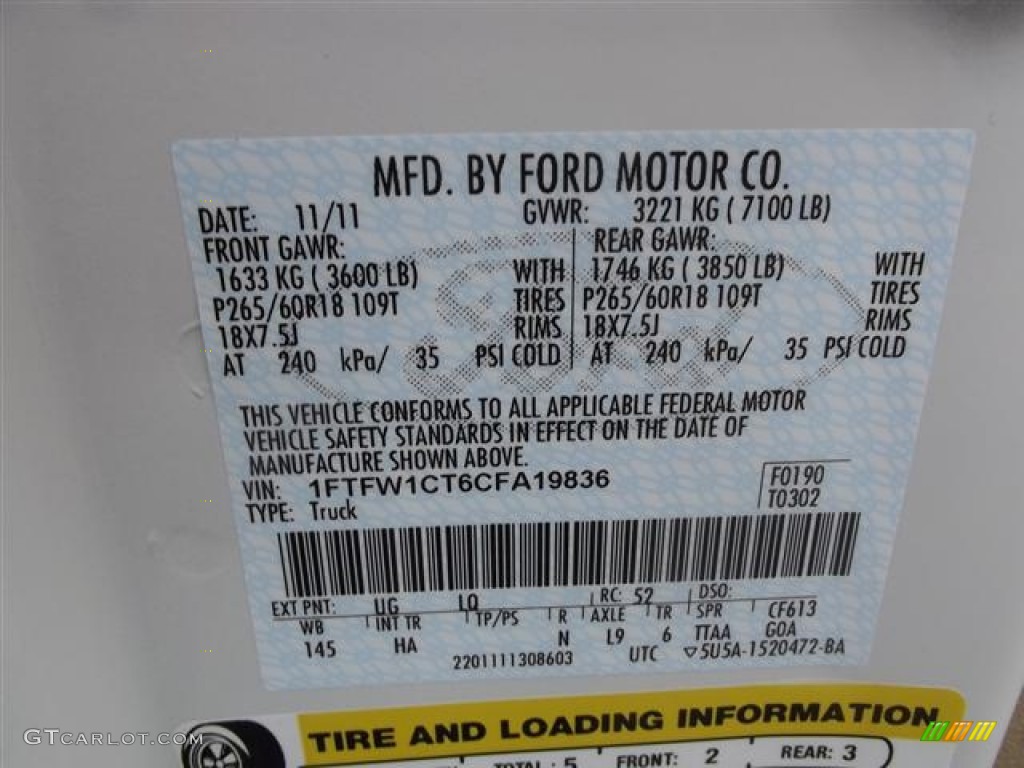 2012 F150 Color Code UG for White Platinum Metallic Tri-Coat Photo #58338631