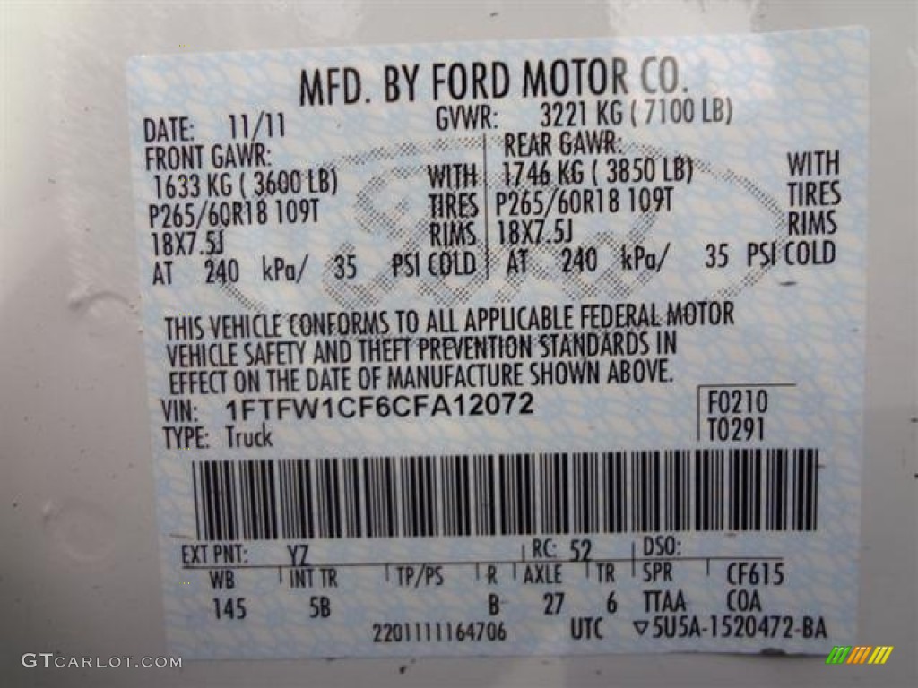 2012 F150 Color Code YZ for Oxford White Photo #58340119