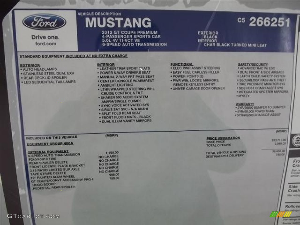 2012 Ford Mustang GT Premium Coupe Window Sticker Photo #58343906
