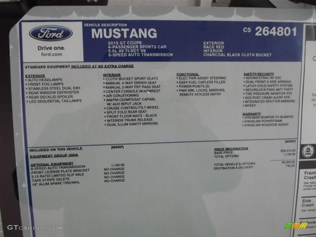 2012 Ford Mustang GT Coupe Window Sticker Photo #58344053
