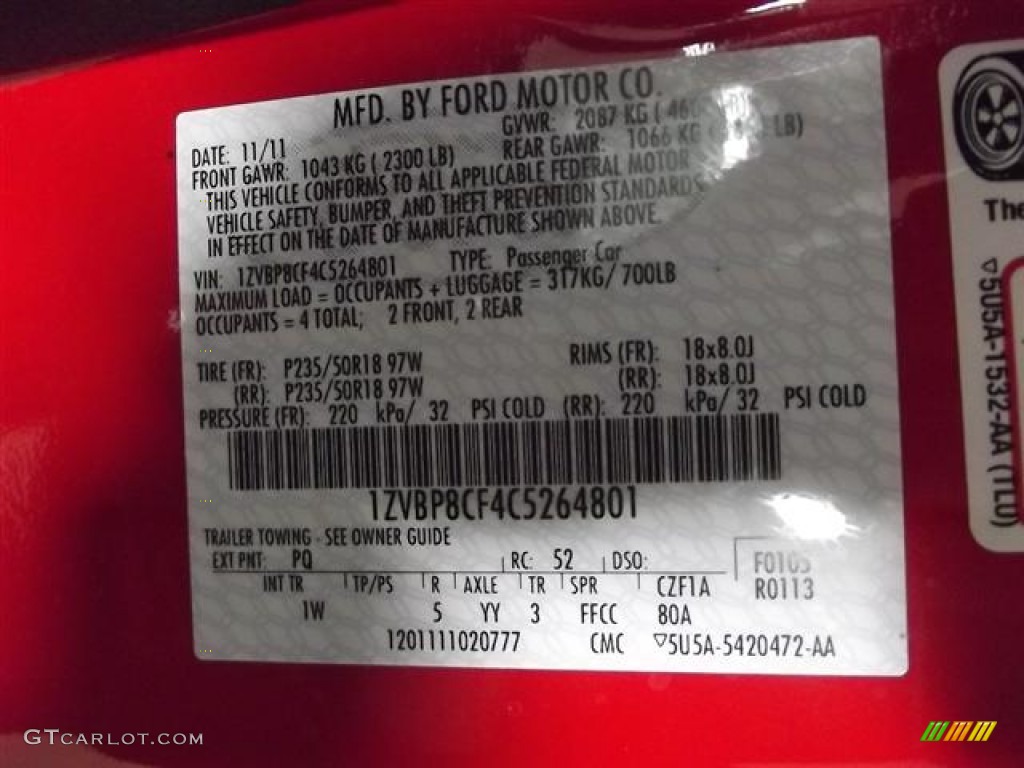 2012 Mustang Color Code PQ for Race Red Photo #58344059