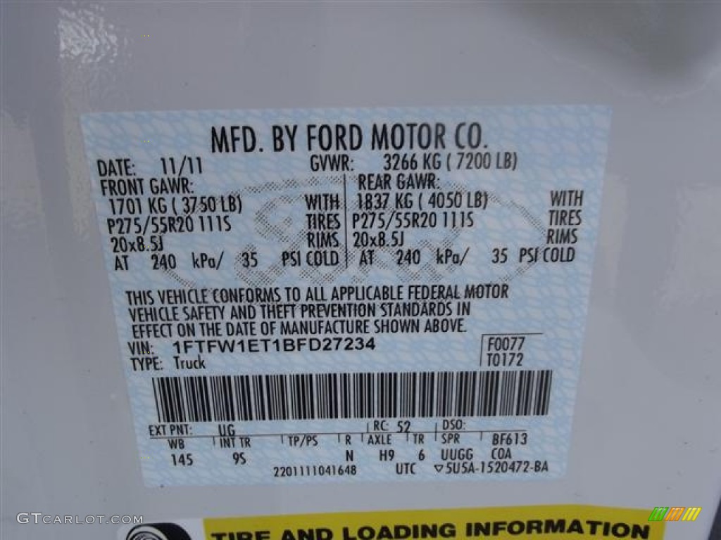 2011 F150 Color Code UG for White Platinum Metallic Tri-Coat Photo #58344520