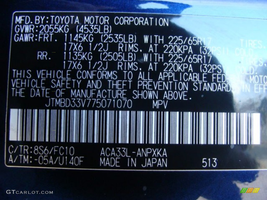 2007 Toyota RAV4 4WD Color Code Photos