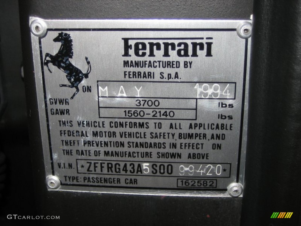 1995 Ferrari 348 Spider Info Tag Photos