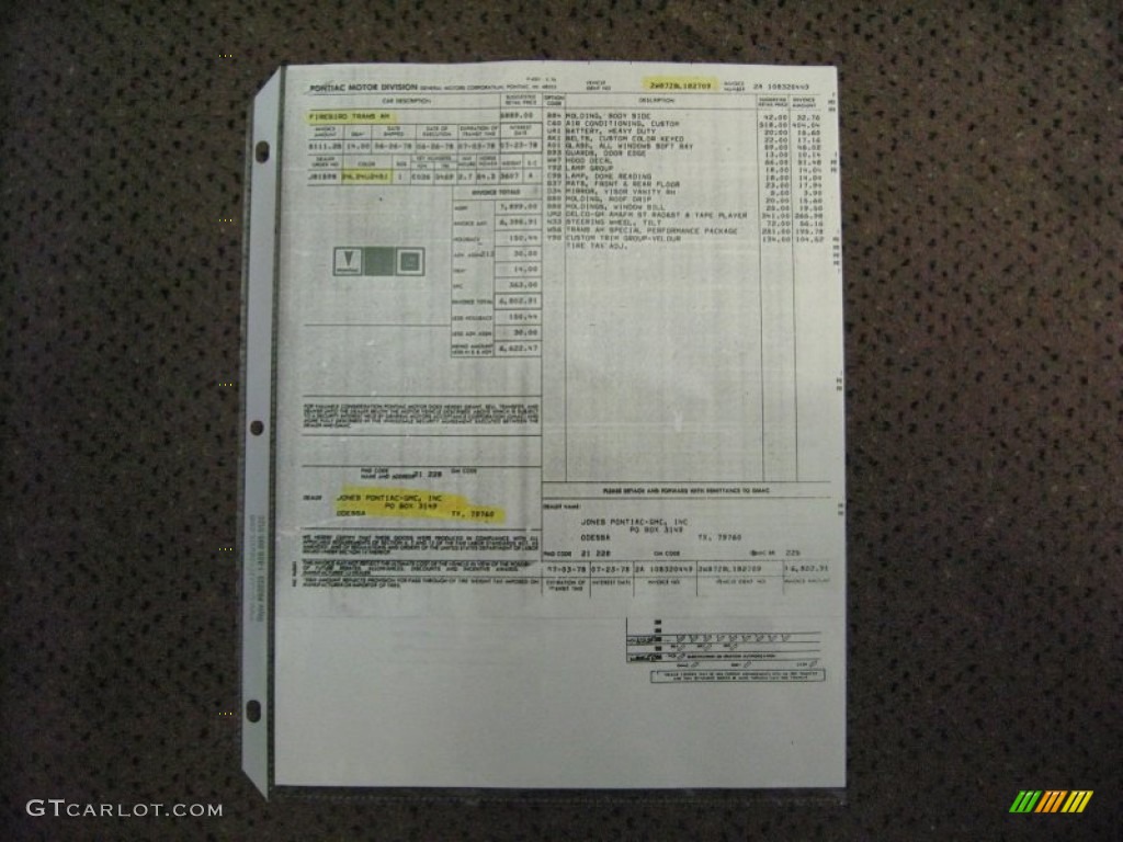 1978 Pontiac Firebird Trans Am Coupe Info Tag Photo #58382655