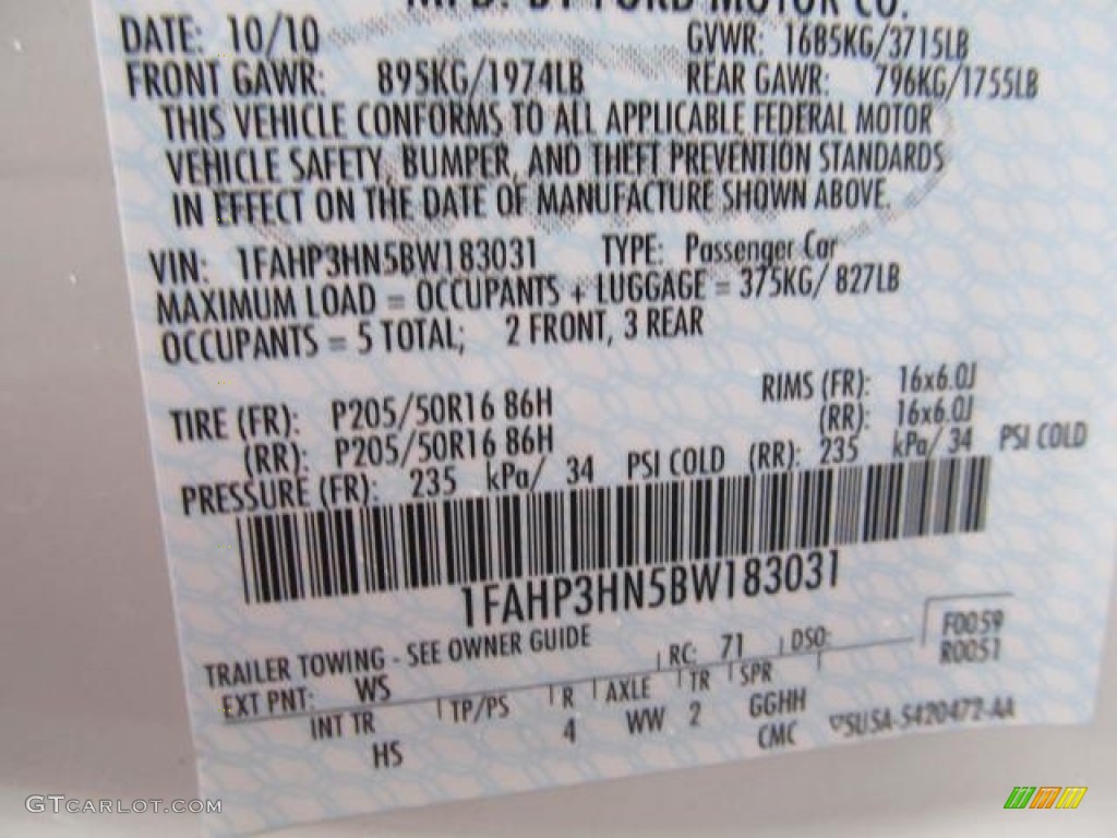 2011 Ford Focus SEL Sedan Color Code Photos