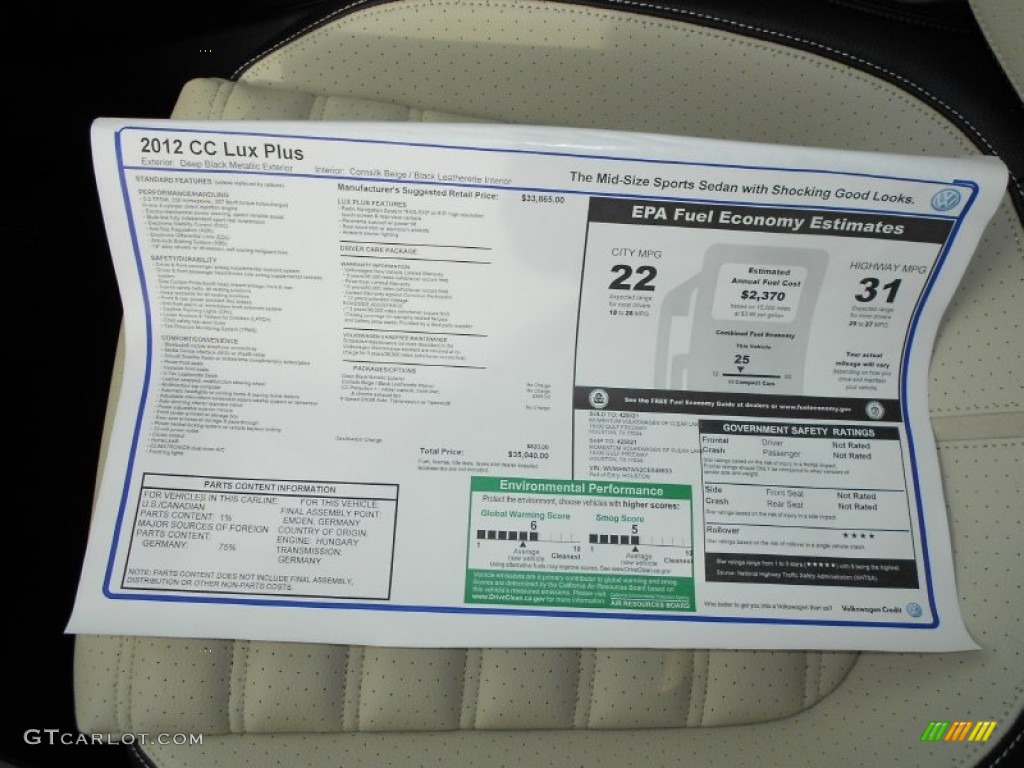 2012 Volkswagen CC Lux Plus Window Sticker Photo #58413400