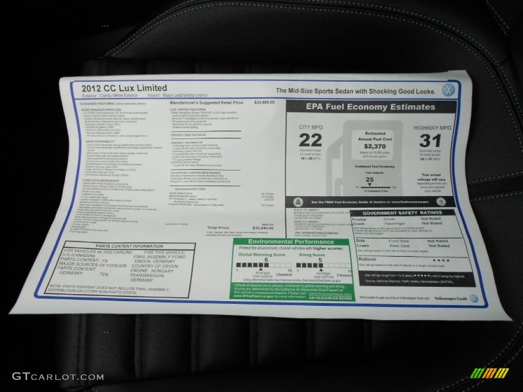 2012 Volkswagen CC Lux Limited Window Sticker Photo #58413861