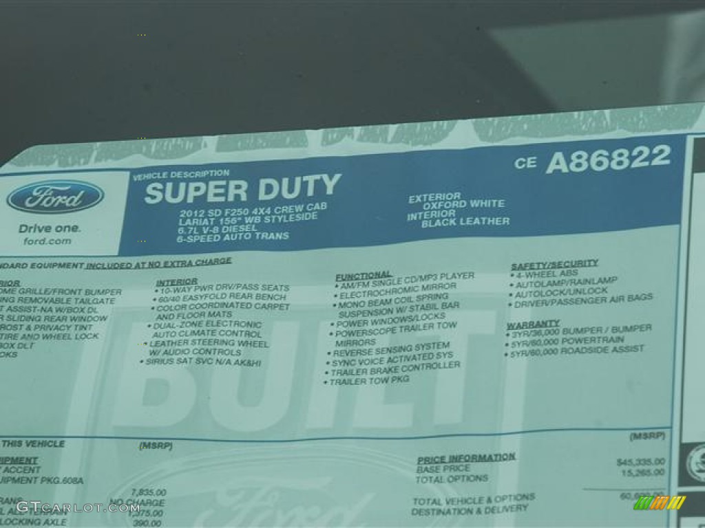 2012 Ford F250 Super Duty Lariat Crew Cab 4x4 Window Sticker Photo #58415889