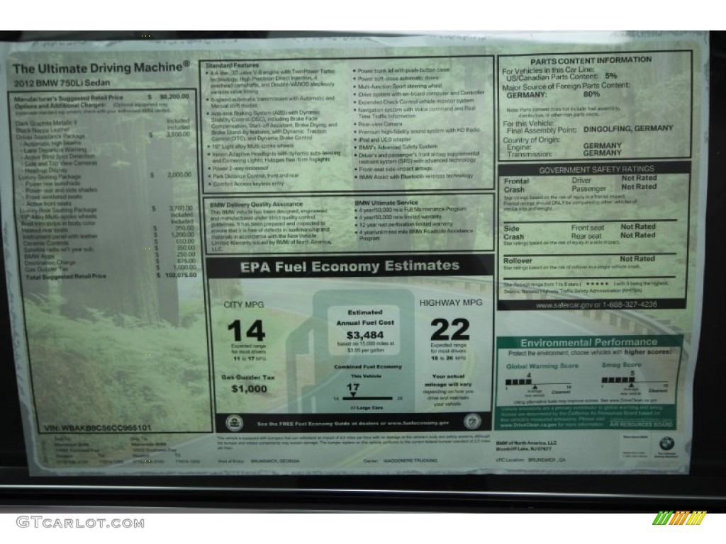 2012 BMW 7 Series 750Li Sedan Window Sticker Photo #58415902