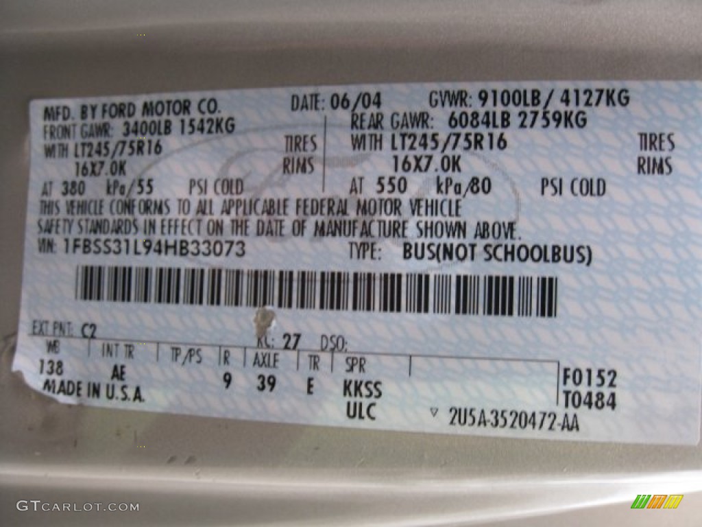 2004 Ford E Series Van E350 Super Duty XL Wheelchair Access Color Code Photos