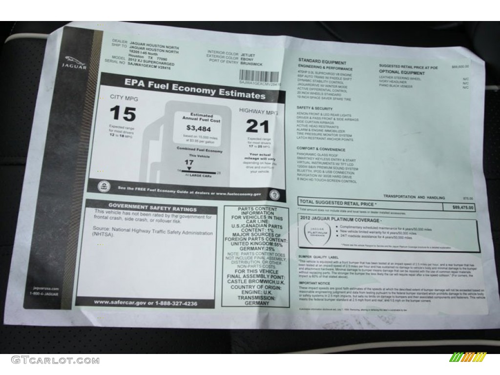 2012 Jaguar XJ XJ Supercharged Window Sticker Photos