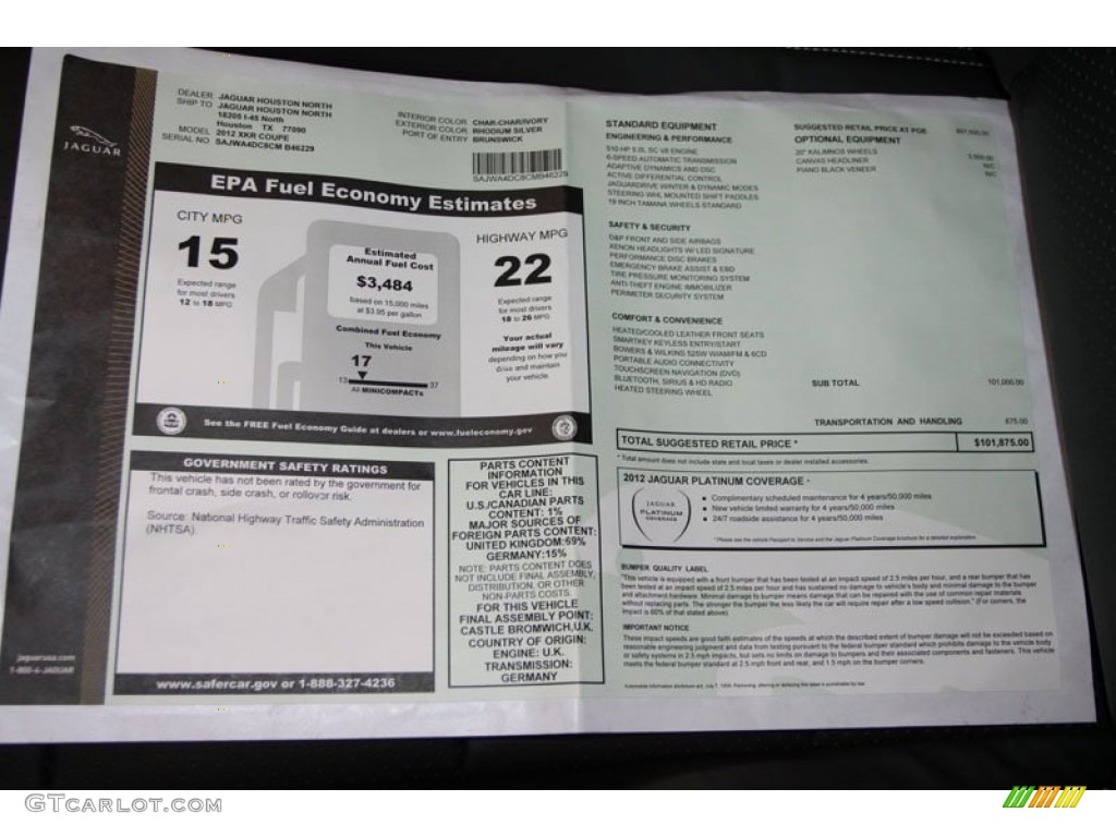 2012 Jaguar XK XKR Coupe Window Sticker Photo #58439016