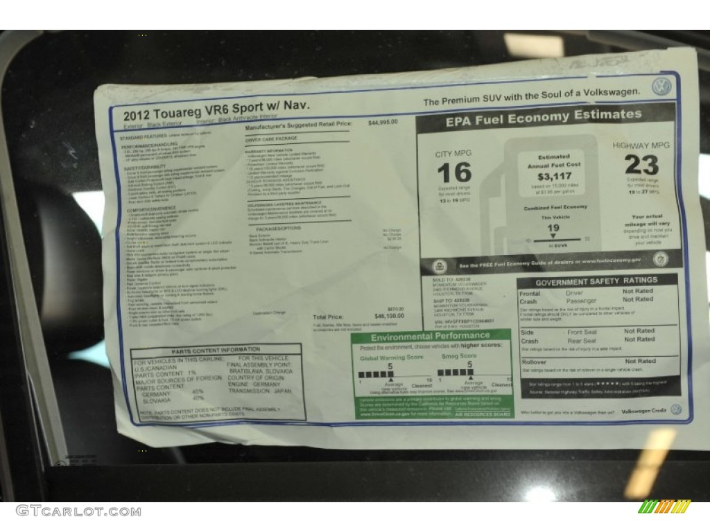 2012 Volkswagen Touareg VR6 FSI Sport 4XMotion Window Sticker Photo #58455731