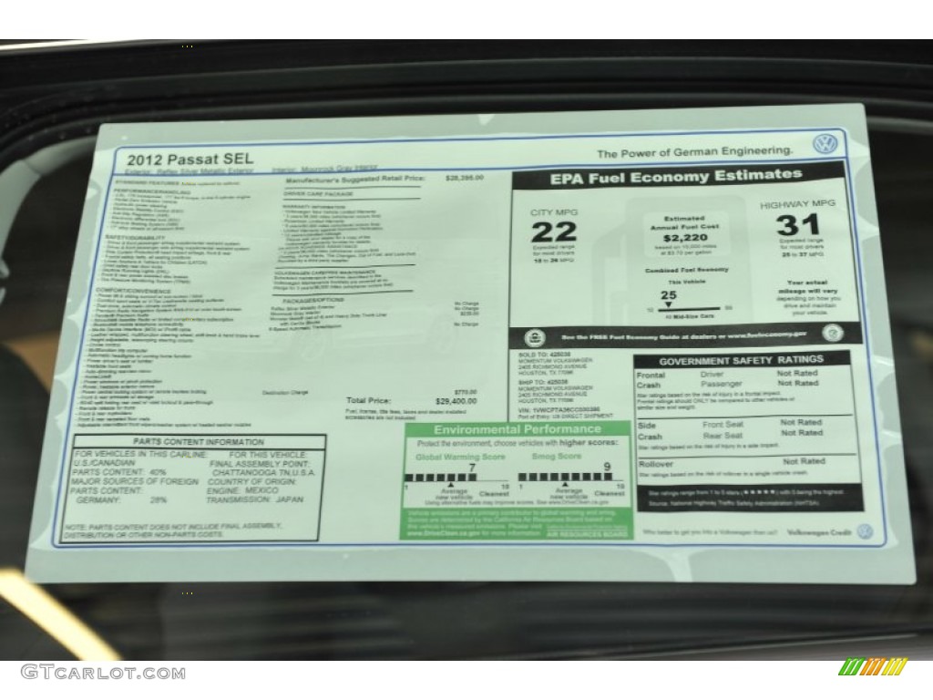 2012 Volkswagen Passat 2.5L SEL Window Sticker Photo #58456274