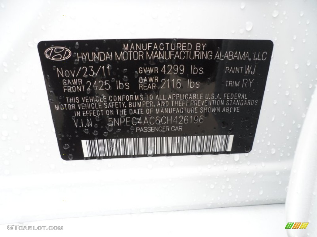 2012 Sonata Color Code WJ for Shimmering White Photo #58493674