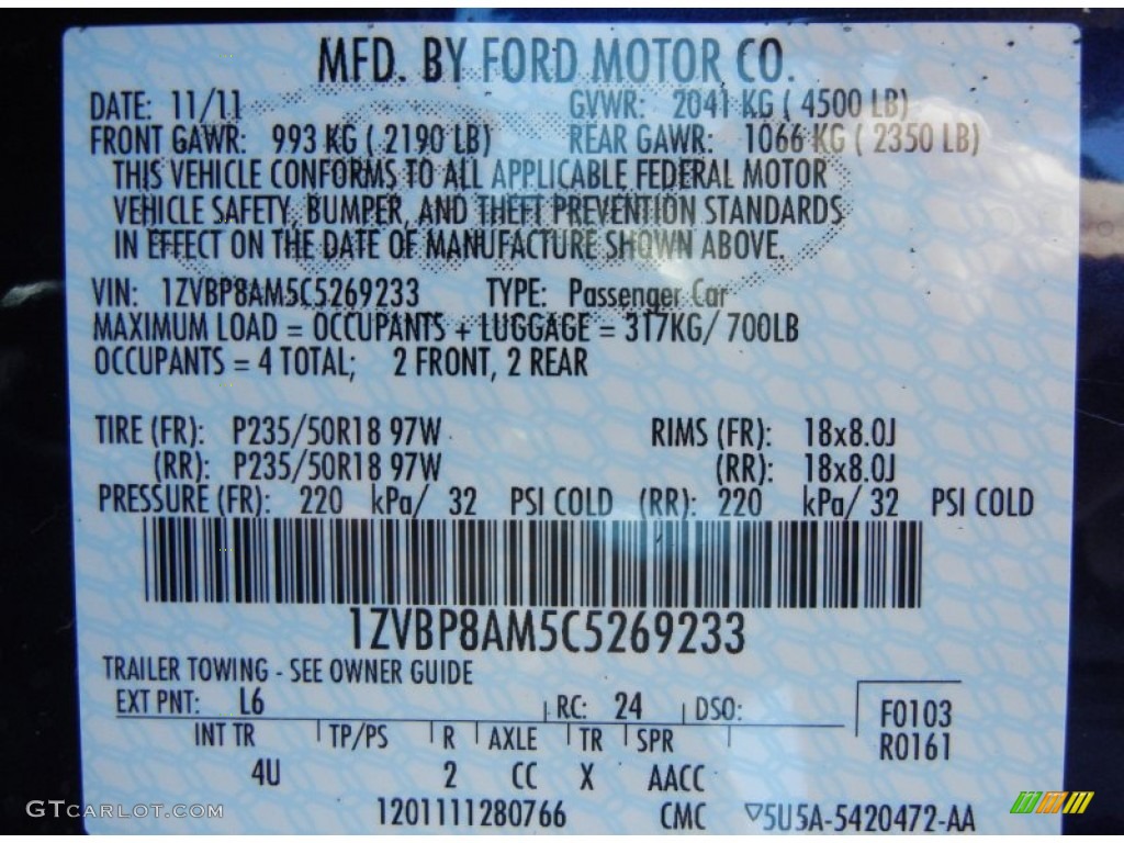 2012 Mustang Color Code L6 for Kona Blue Metallic Photo #58503104