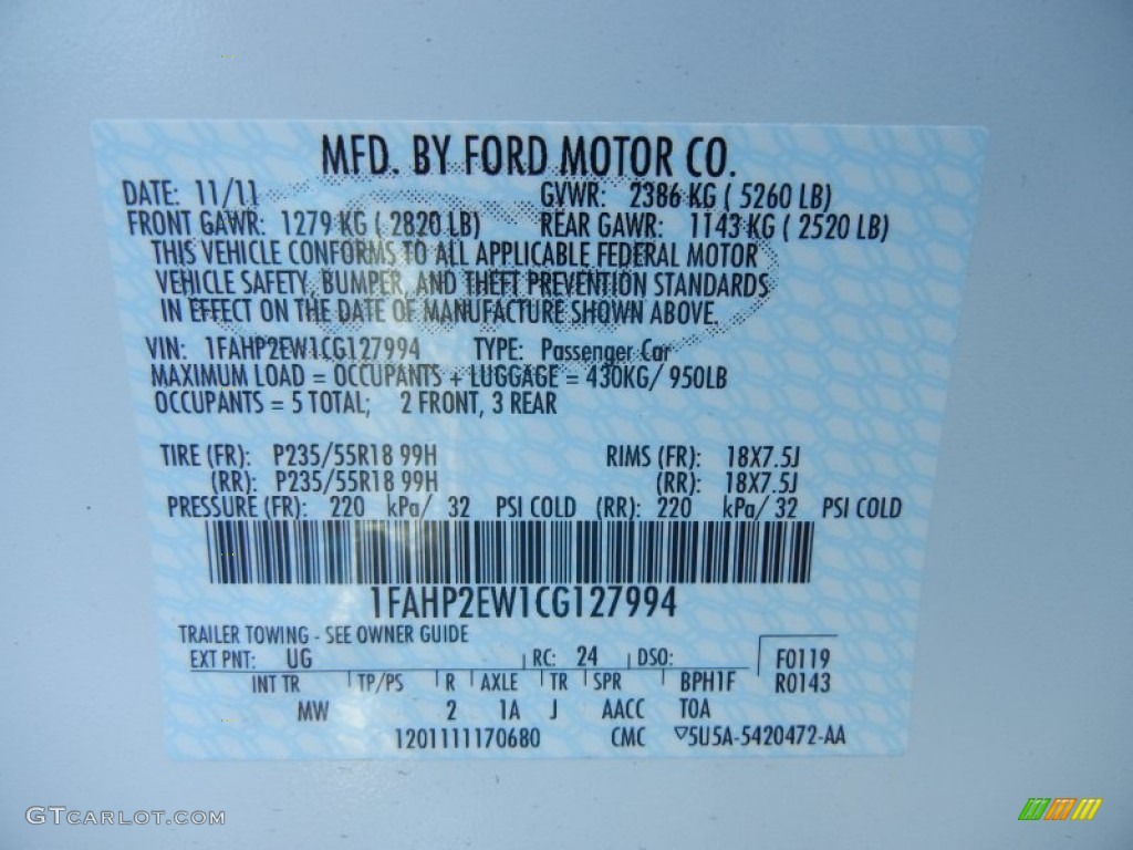 2012 Taurus Color Code UG for White Platinum Tri-Coat Photo #58503434