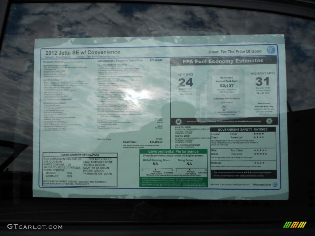2012 Volkswagen Jetta SE Sedan Window Sticker Photo #58517603