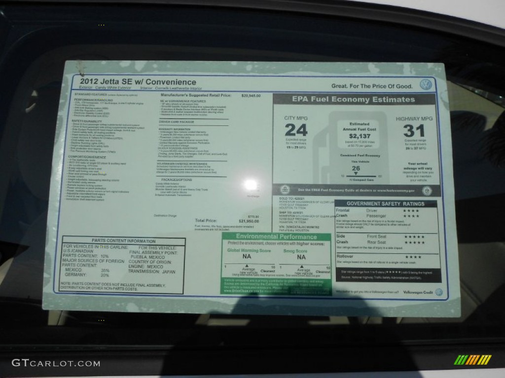 2012 Volkswagen Jetta SE Sedan Window Sticker Photo #58517798