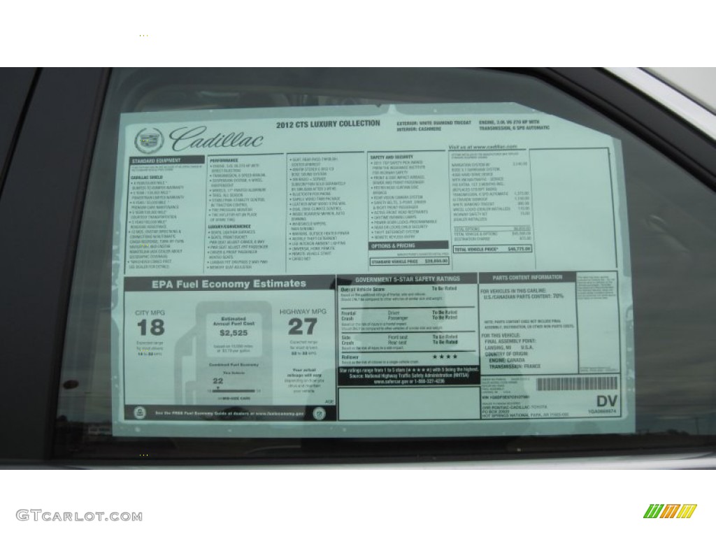 2012 Cadillac CTS 3.0 Sedan Window Sticker Photo #58519052