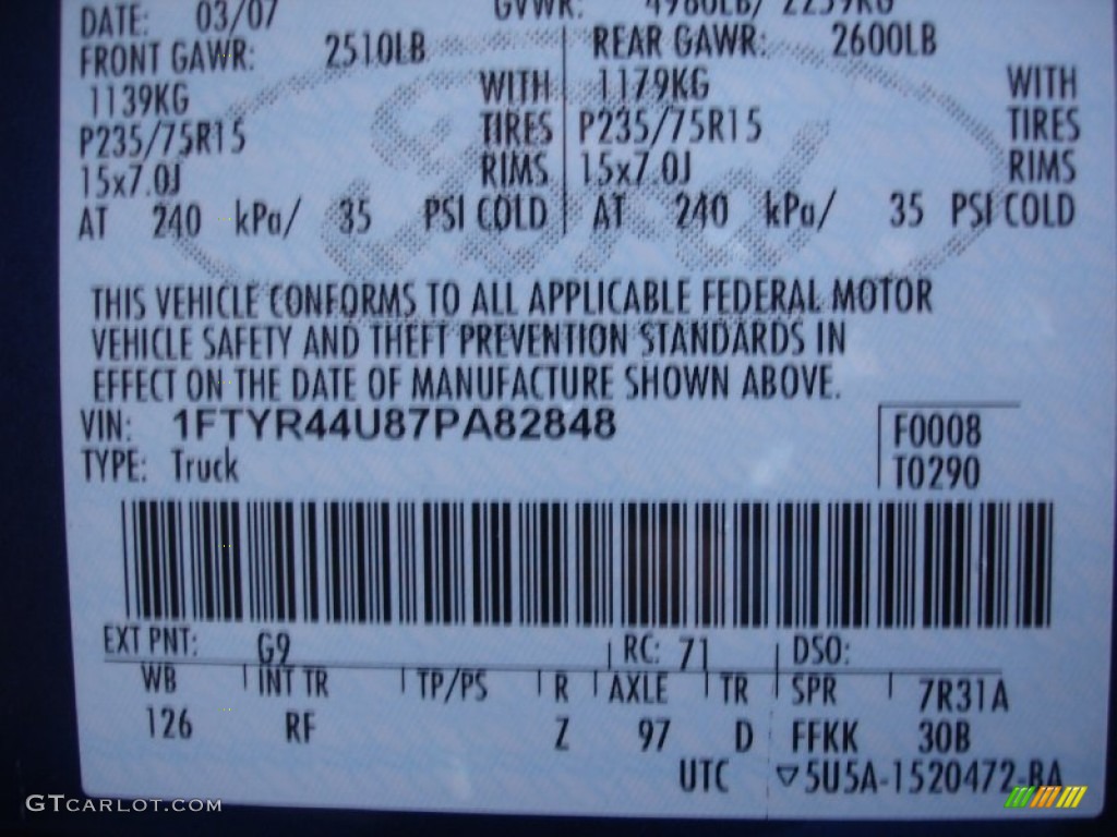 2007 Ranger Color Code G9 for Vista Blue Metallic Photo #58537256