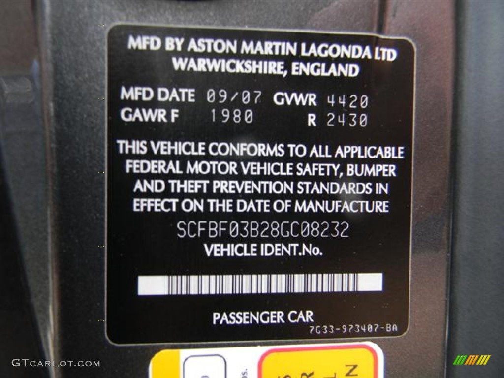 2008 Aston Martin V8 Vantage Coupe Info Tag Photo #58546490