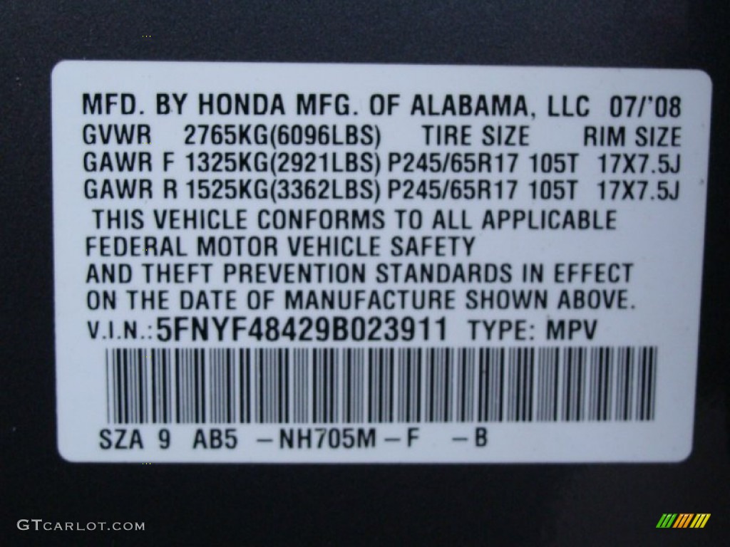 2009 Pilot Color Code NH705M for Nimbus Gray Metallic Photo #58567731