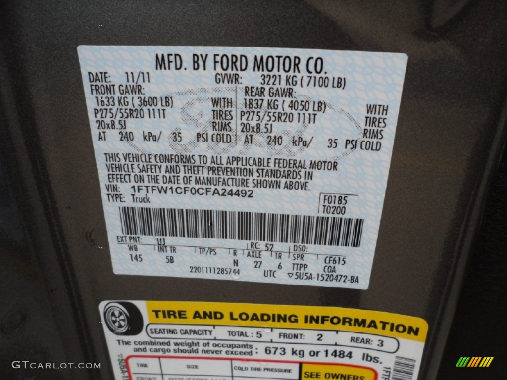 2012 F150 Color Code UJ for Sterling Gray Metallic Photo #58588989