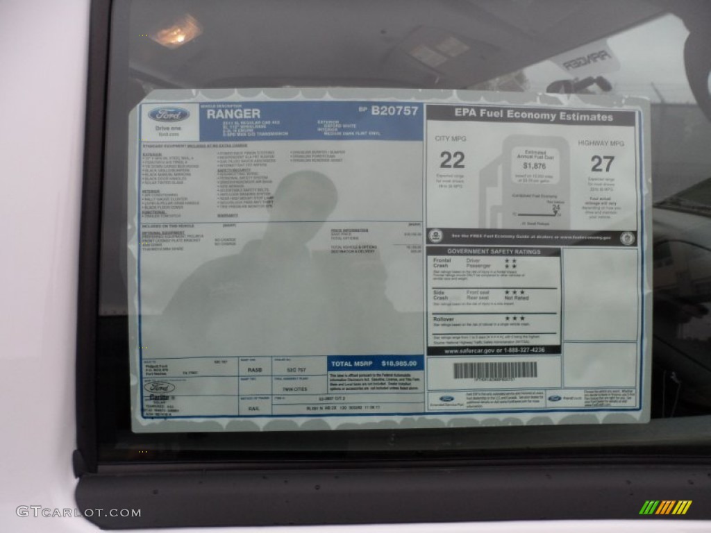 2011 Ford Ranger XL Regular Cab Window Sticker Photo #58590503