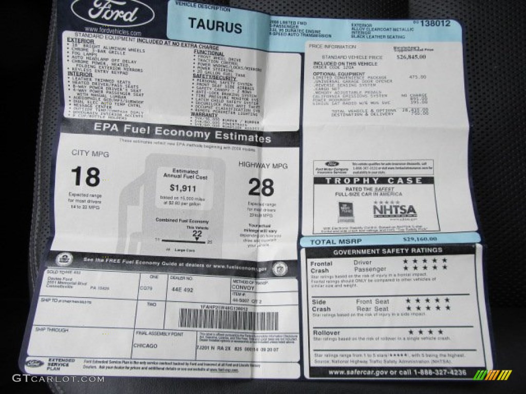 2008 Ford Taurus Limited Window Sticker Photos