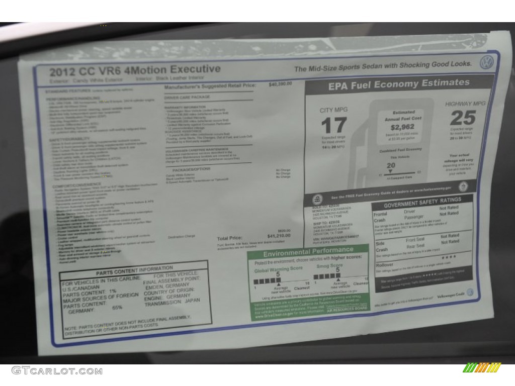 2012 Volkswagen CC VR6 4Motion Executive Window Sticker Photo #58619774