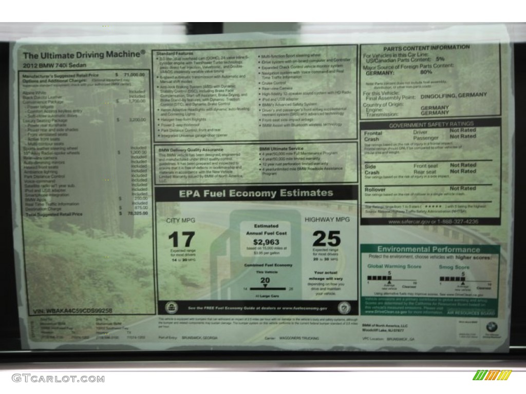 2012 BMW 7 Series 740i Sedan Window Sticker Photo #58625576