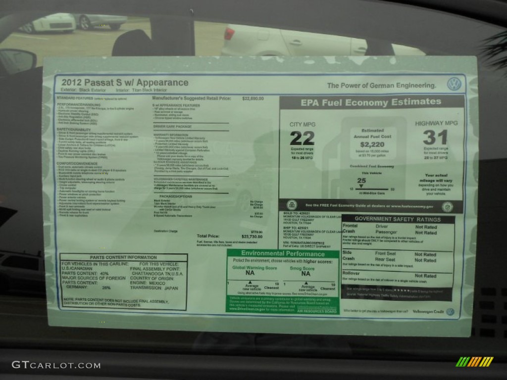 2012 Volkswagen Passat 2.5L S Window Sticker Photo #58635968