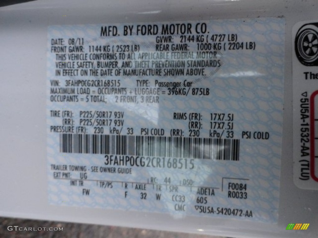 2012 Fusion Color Code UG for White Platinum Tri-Coat Photo #58682180