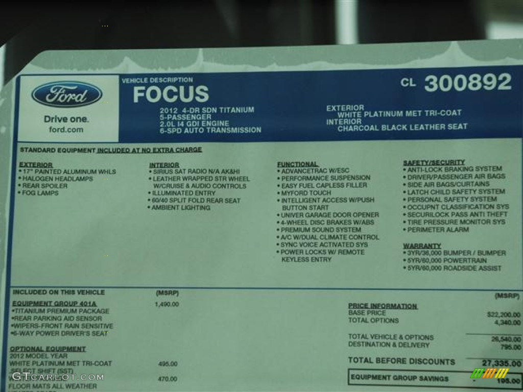 2012 Ford Focus Titanium Sedan Window Sticker Photo #58694095