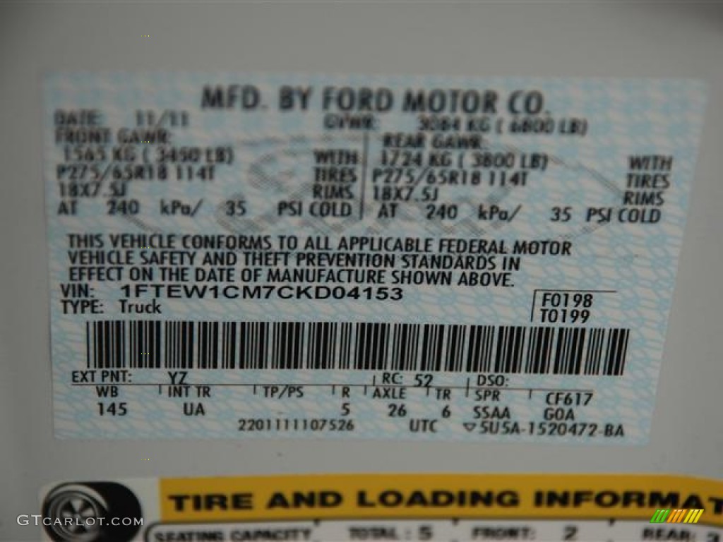 2012 F150 Color Code YZ for Oxford White Photo #58695143