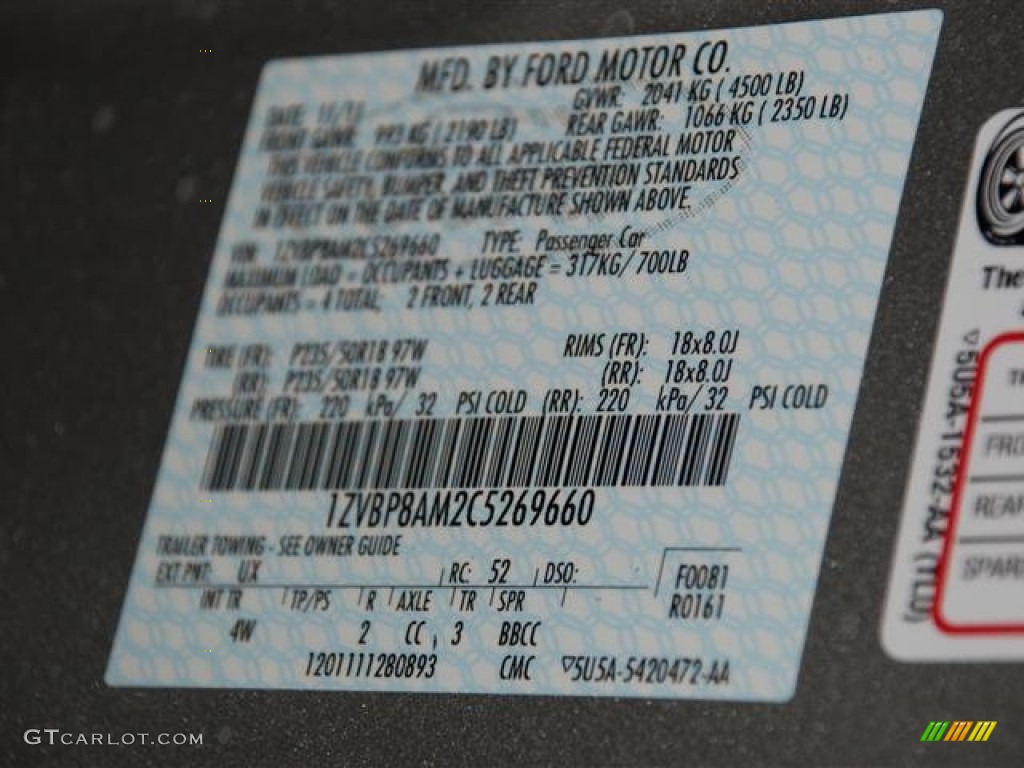 2012 Mustang Color Code UX for Ingot Silver Metallic Photo #58699103