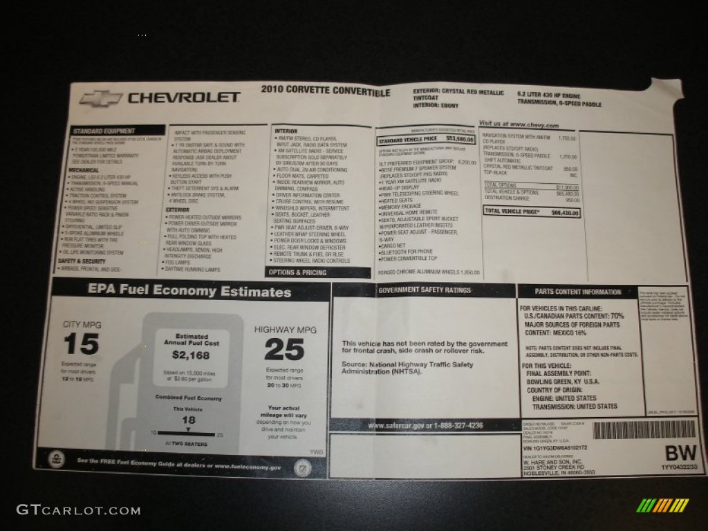 2010 Chevrolet Corvette Convertible Window Sticker Photo #58708175