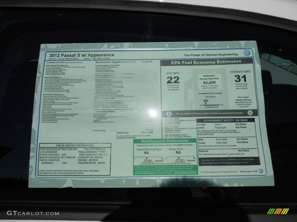 2012 Volkswagen Passat 2.5L S Window Sticker Photo #58738992
