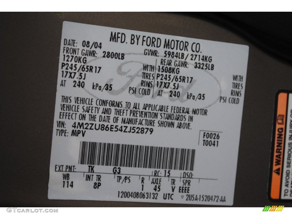 2004 Mountaineer Color Code TK for Mineral Gray Metallic Photo #58770849
