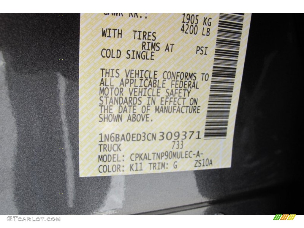 2012 Titan Color Code K11 for Smoke Gray Photo #58801755