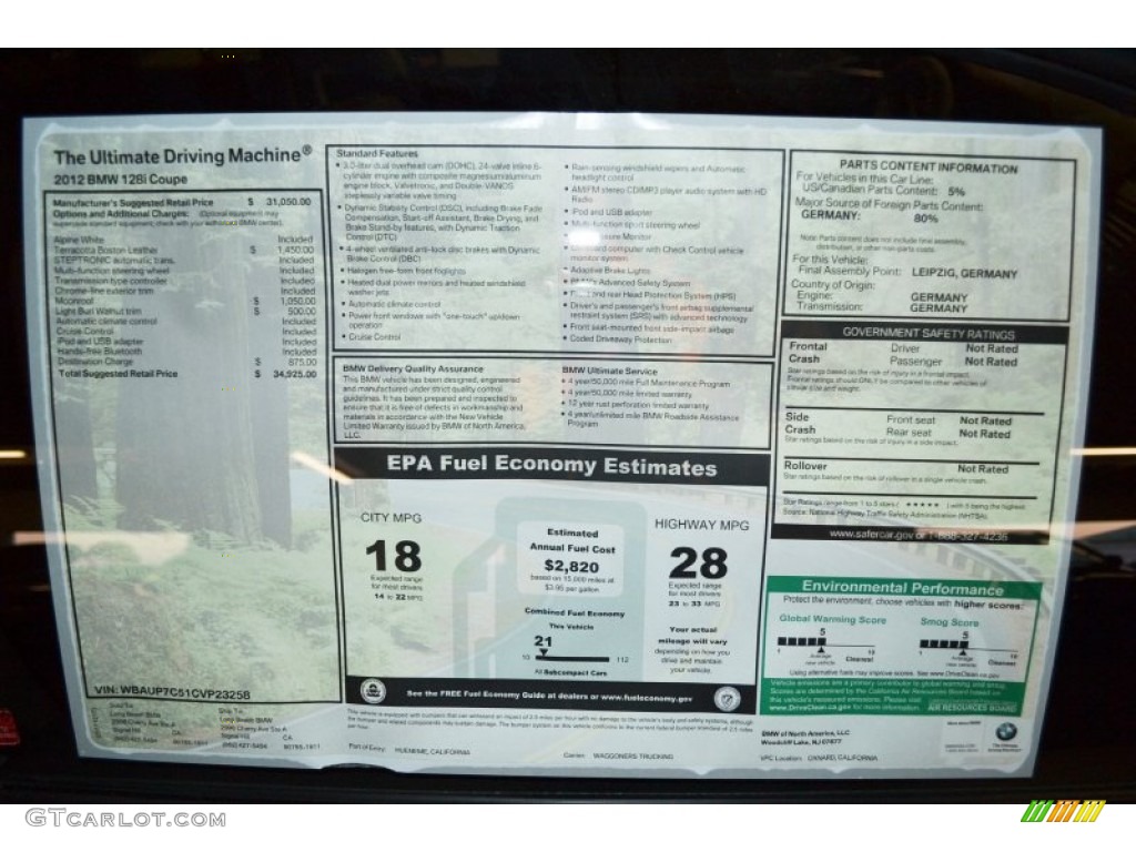 2012 BMW 1 Series 128i Coupe Window Sticker Photo #58805247